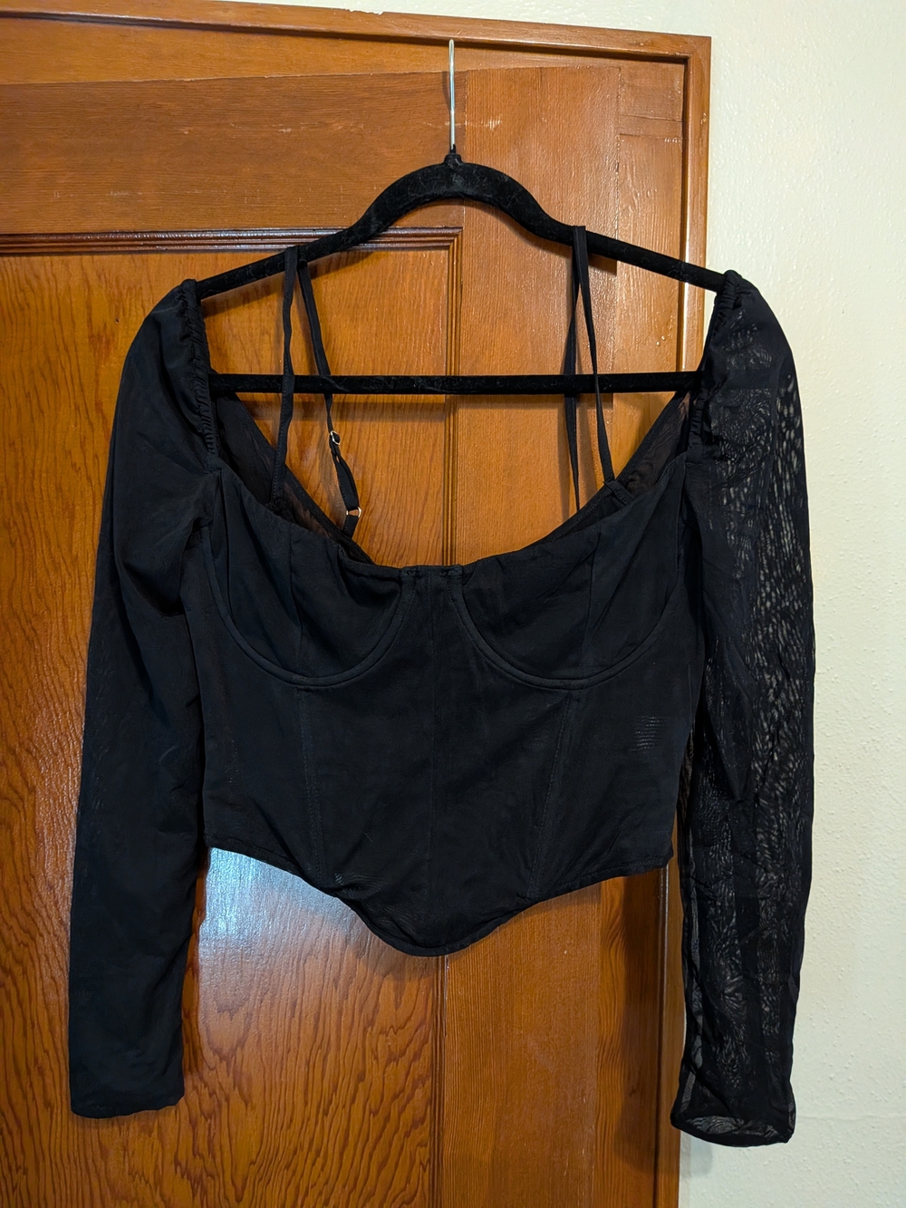 White Fox 🦊 Black Off-Shoulder Corset Crop Top with Sheer Sleeve Large